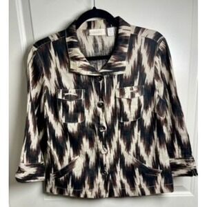 Chico's Linen Size‎ 4 Black Brown Print Front Button Jacket Chic Boho Layering